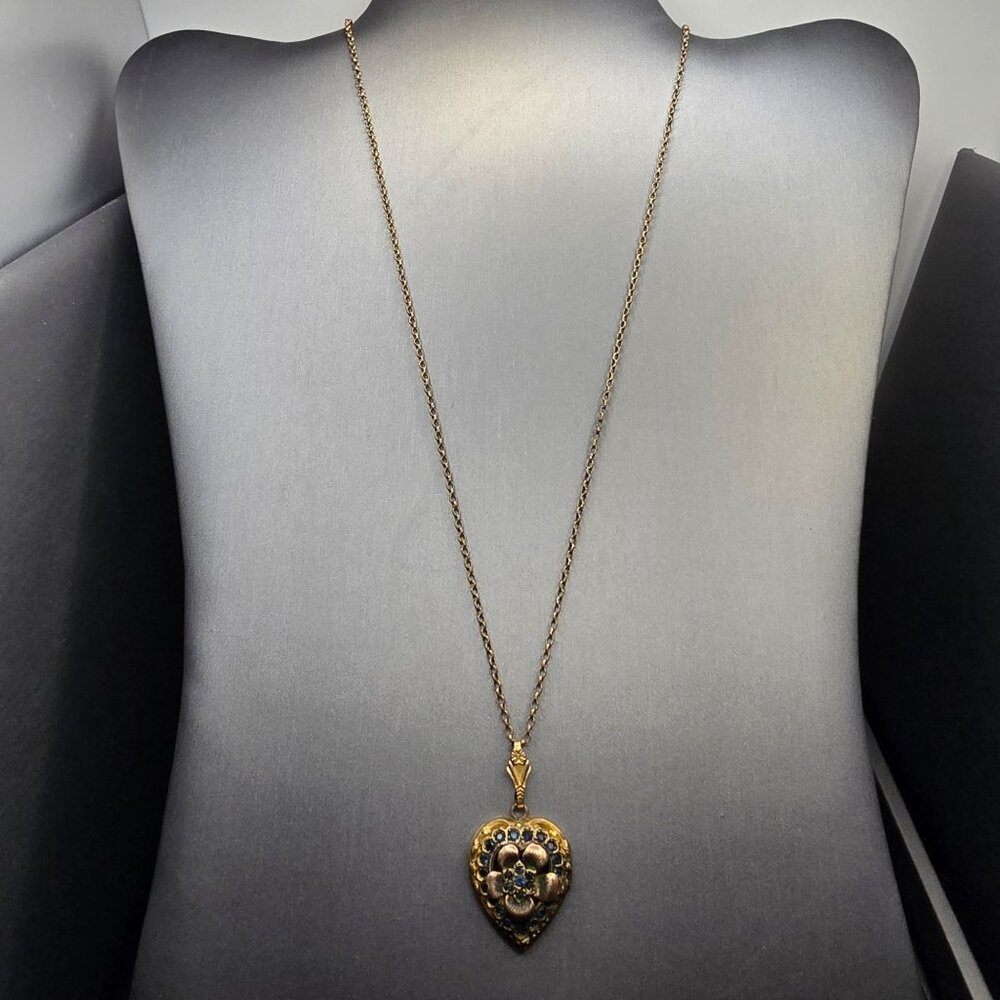 Victorian 12K Gold Filled Heart Locket Necklace Old Mine Cut Blue Paste Stones - Picture 3 of 16